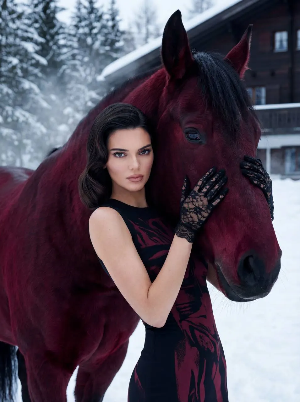 Фотосессия high fashion с винно-красной лошадью в зимнем лесу — промт для нейросети ИИ