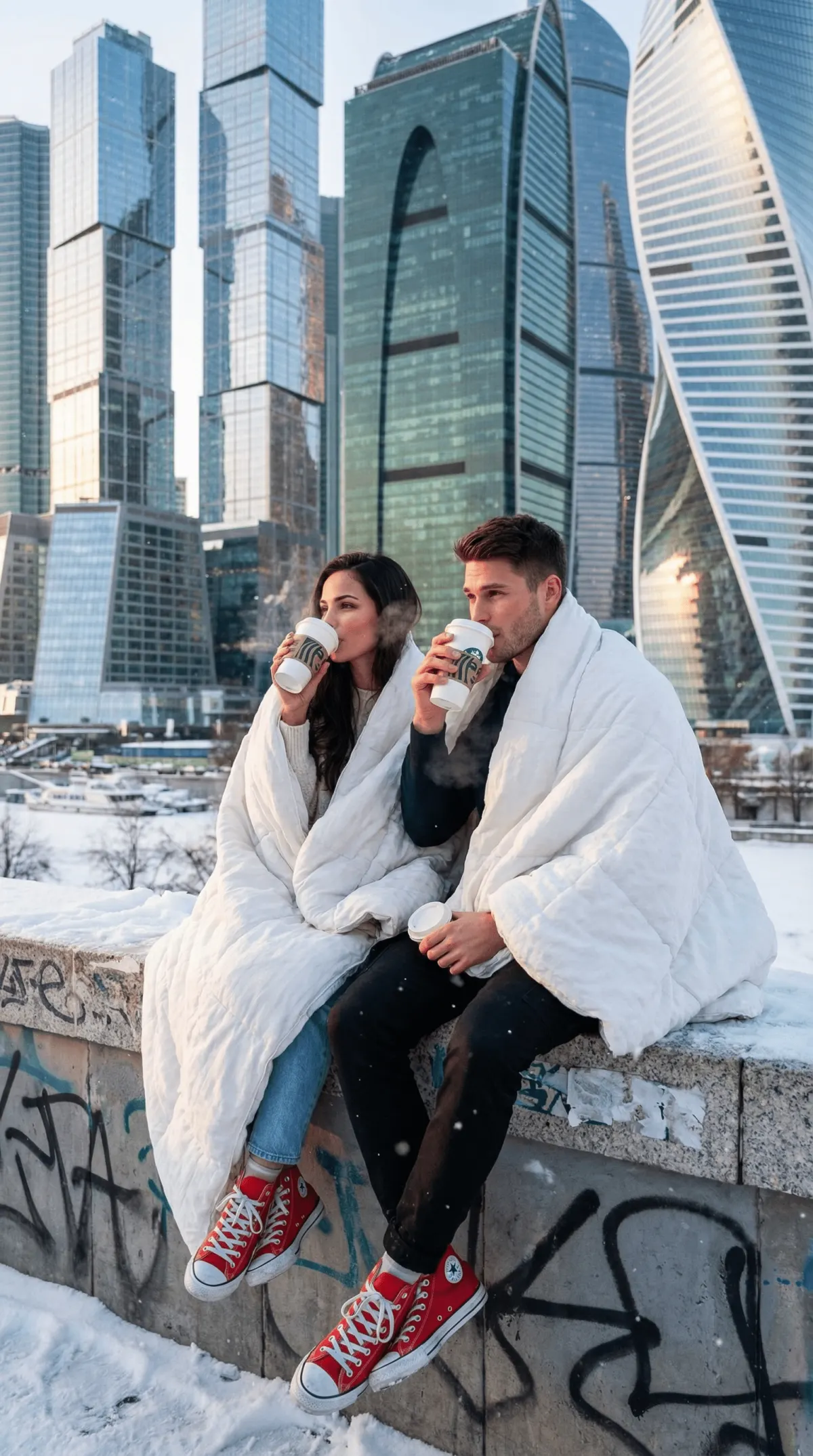 Промт зимней городской фотосессии пары на парапете с белым одеялом и кофе Starbucks в стиле Moscow City через ИИ