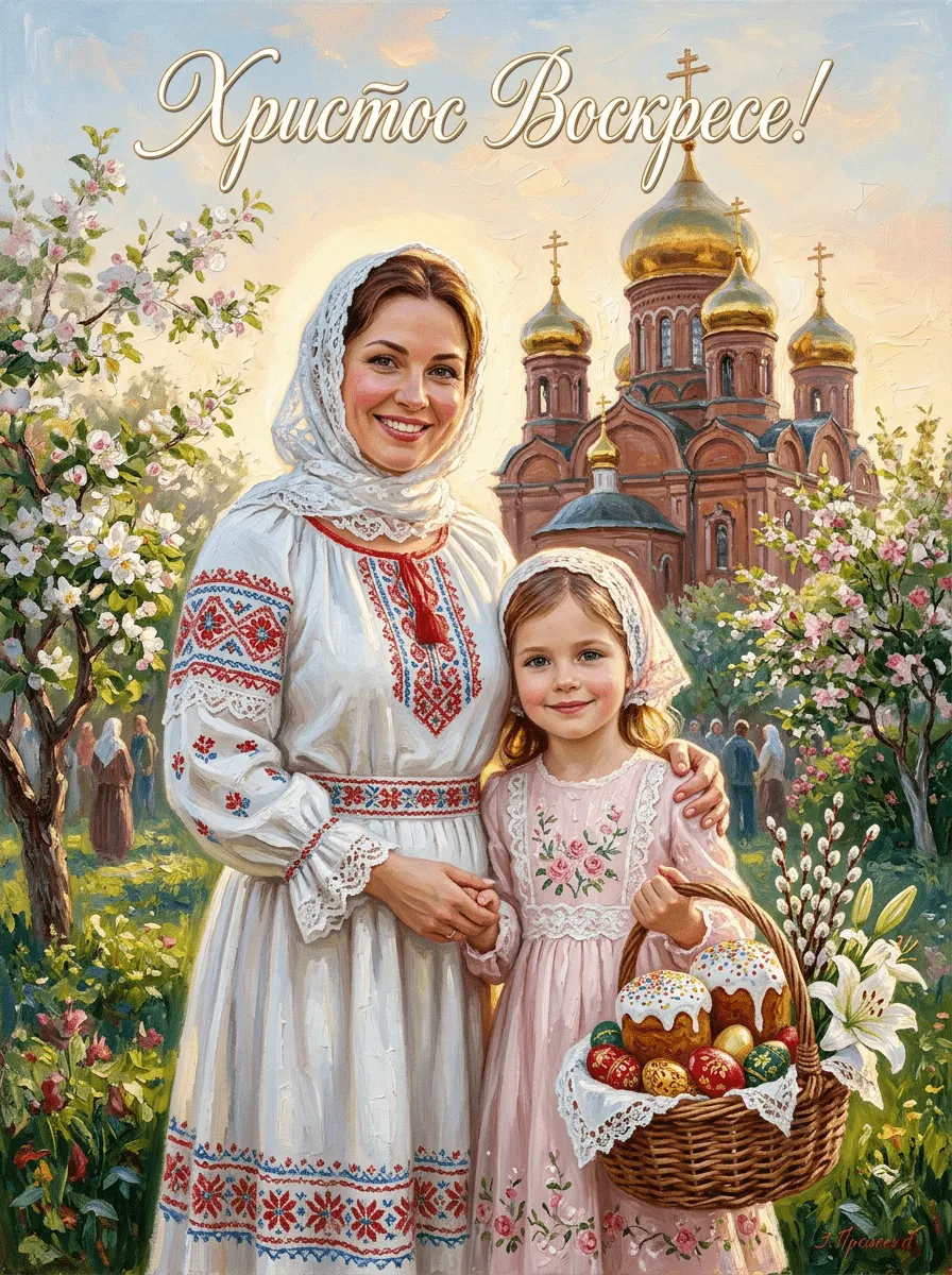 Промт на пасху фотосессия мамы с дочкой у церкви - через ИИ