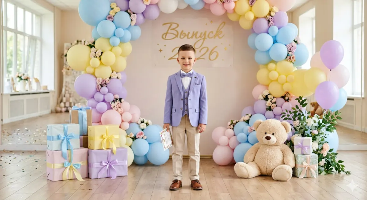 Промт для выпускной фотосессии мальчика в детском саду через ИИ — мальчик в костюме-тройке под аркой из шаров «Выпуск 2026»