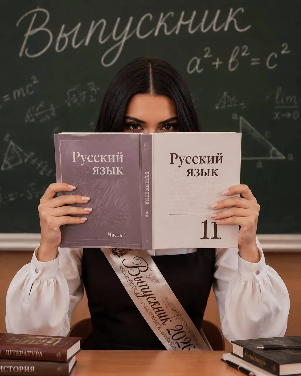 Промт для фото через ИИ «Выпускница за партой с учебниками по русскому языку»