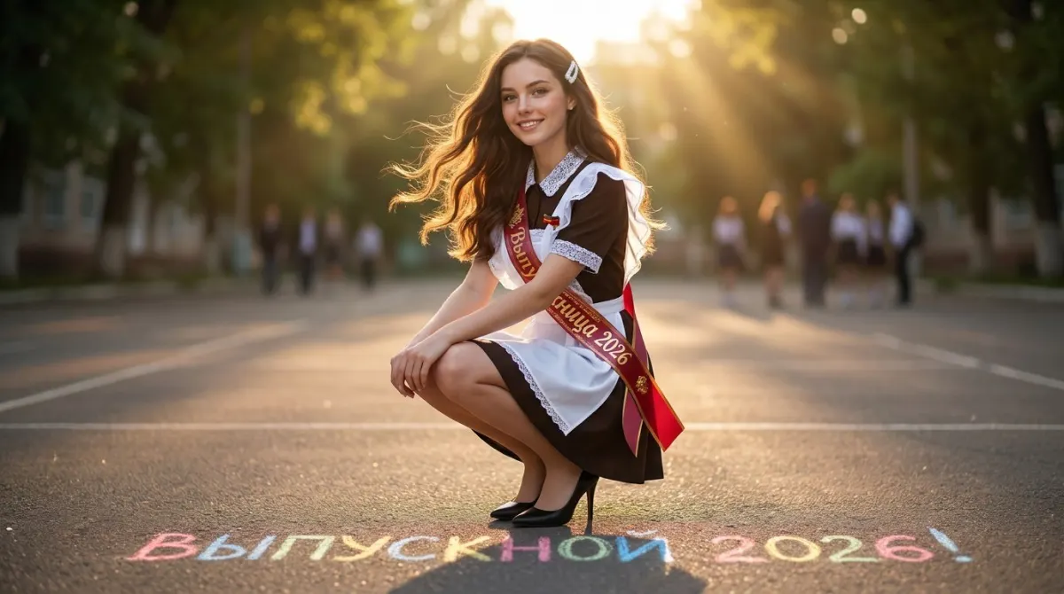 Промт для выпускной фотосессии на дворе через ИИ — выпускница на корточках с надписью «Выпускной 2026!»