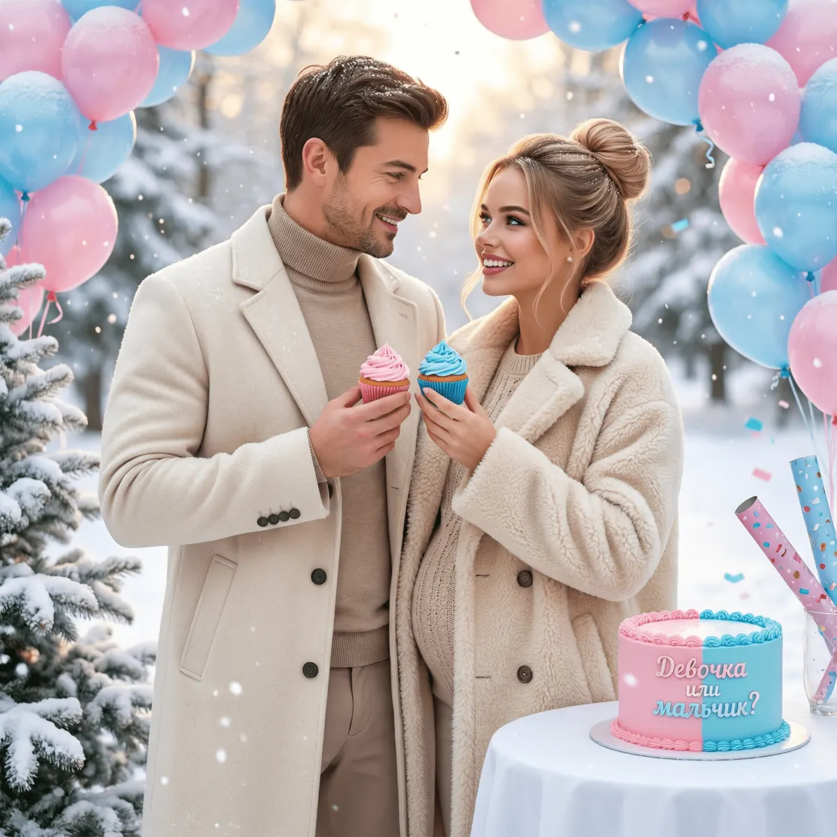 Зимняя фотосессия беременной пары gender reveal в заснеженном парке промт для нейросети