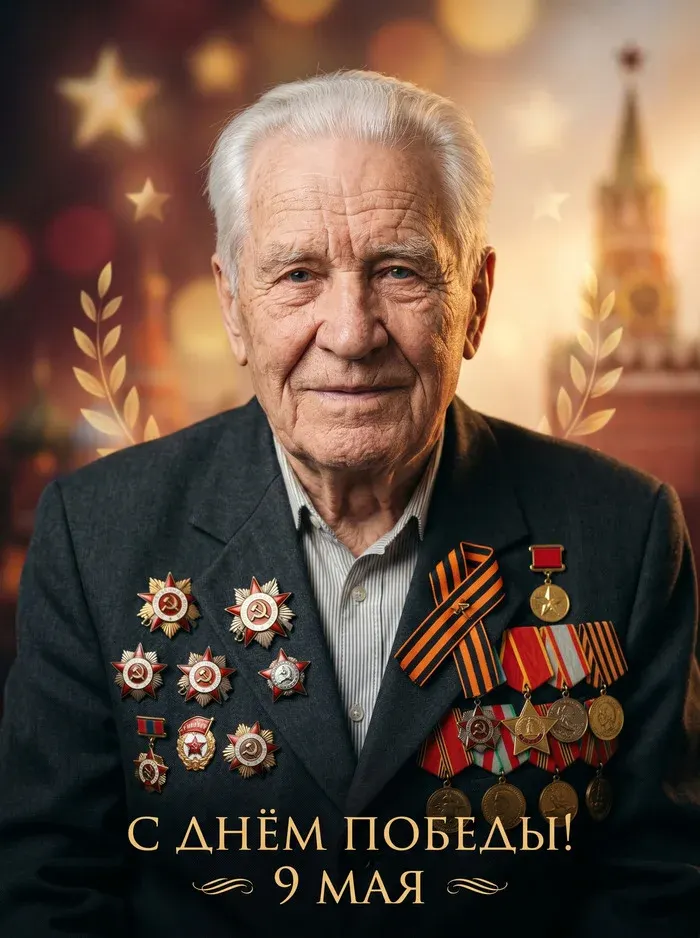 Промт: Фотосессия с вашим лицом День Победы ветеран с медалями крупным планом