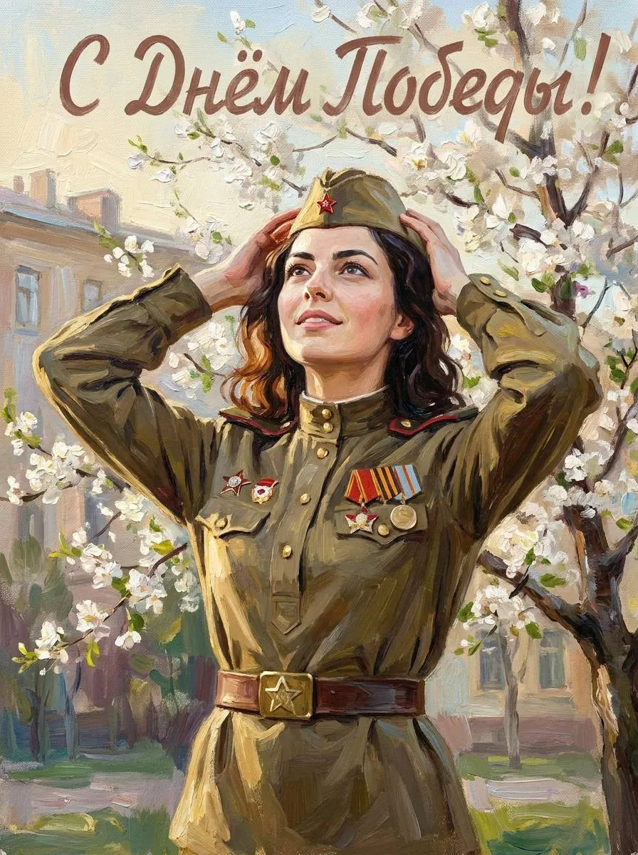 Промт: Винтажная масляная открытка ко Дню Победы с женщиной в советской форме под цветущим деревом, смотрящей в небо