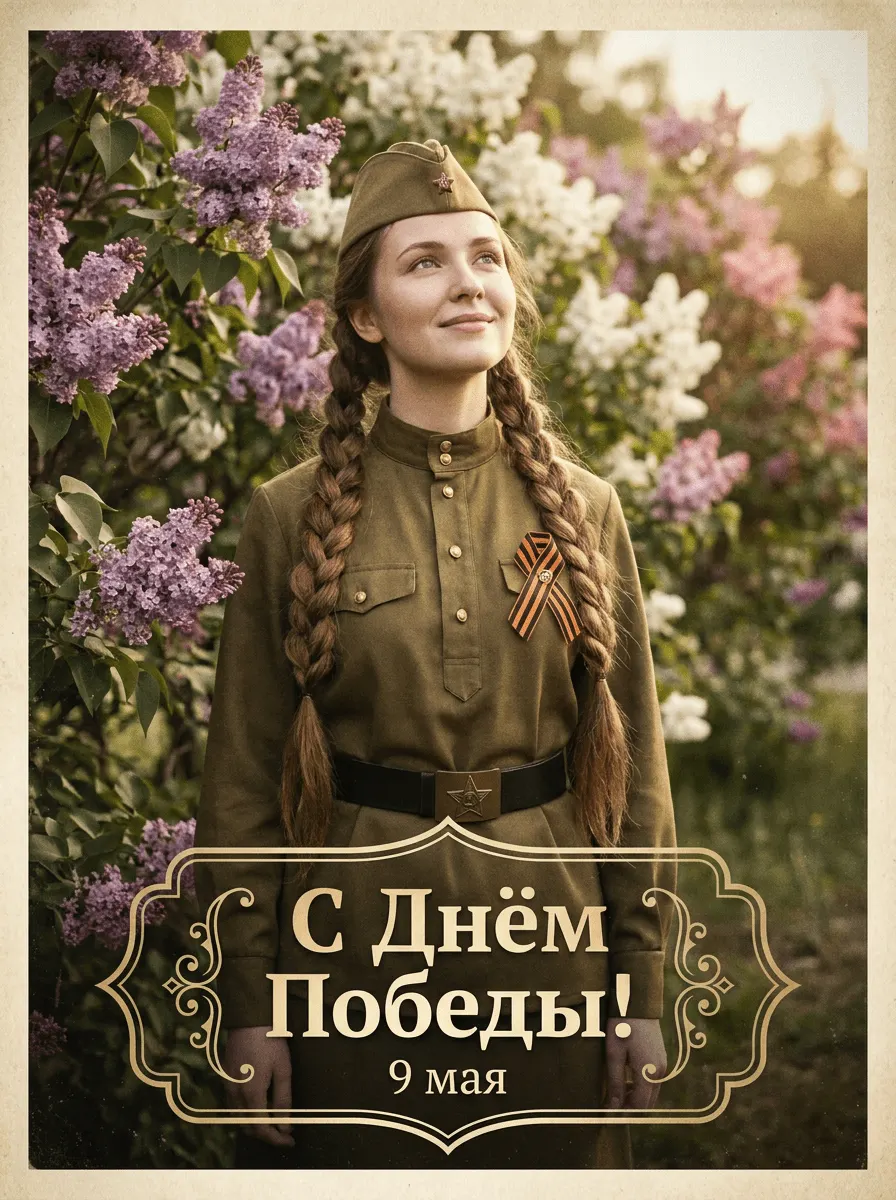 Промт винтажная открытка к 9 мая с девушкой в гимнастёрке на фоне цветущей сирени