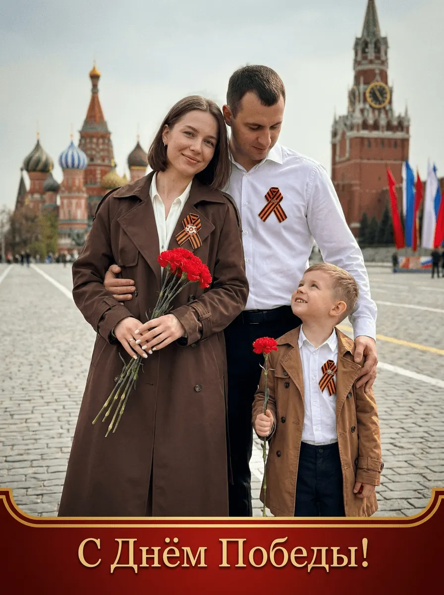 Промт семейная винтажная открытка ко Дню Победы на Красной площади с георгиевскими лентами и гвоздиками
