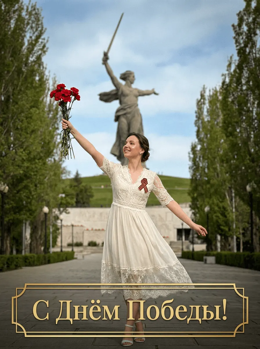 Промт винтажная открытка ко Дню Победы с девушкой на аллее в Волгограде на фоне Родины-матери с гвоздиками