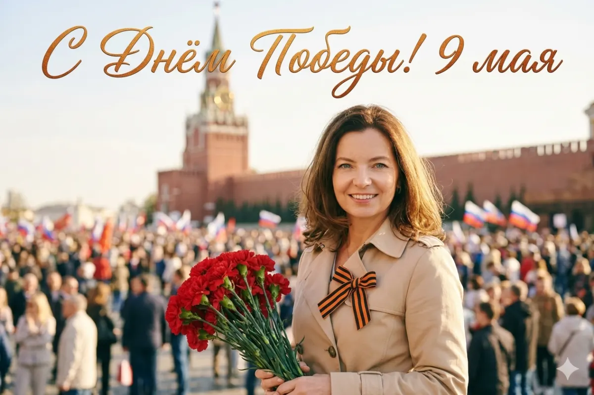 Открытка на 9 мая с вашим лицом: Человек на Красной площади с гвоздиками и георгиевской лентой