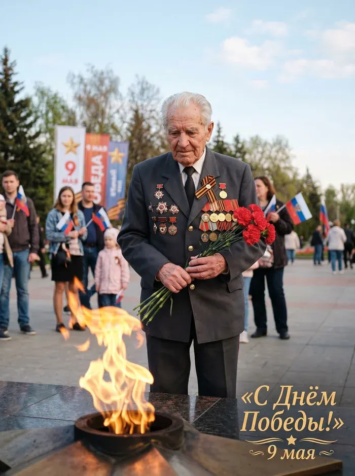 Промт ко Дню Победы: Пожилой ветеран у Вечного огня с гвоздиками и орденами