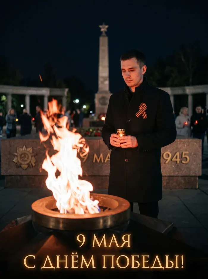 Промт: Фотосессия с вашим лицом 9 мая у Вечного огня ночью со свечой