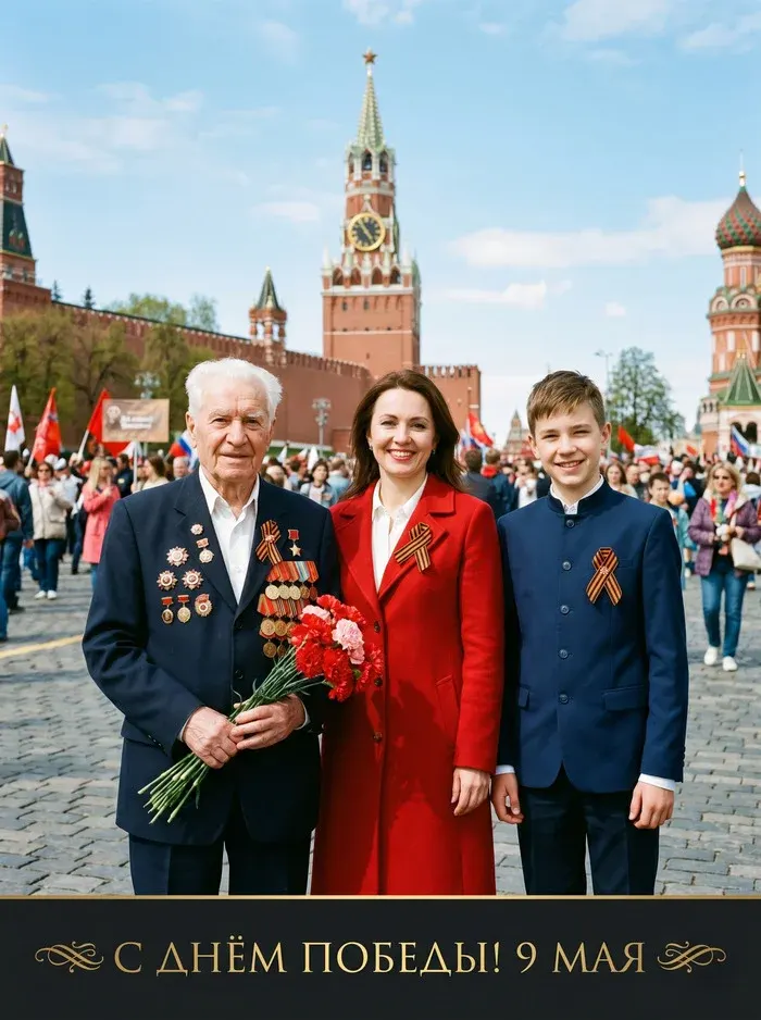 Промт: Фотосессия с вашим лицом День Победы три поколения у Спасской башни
