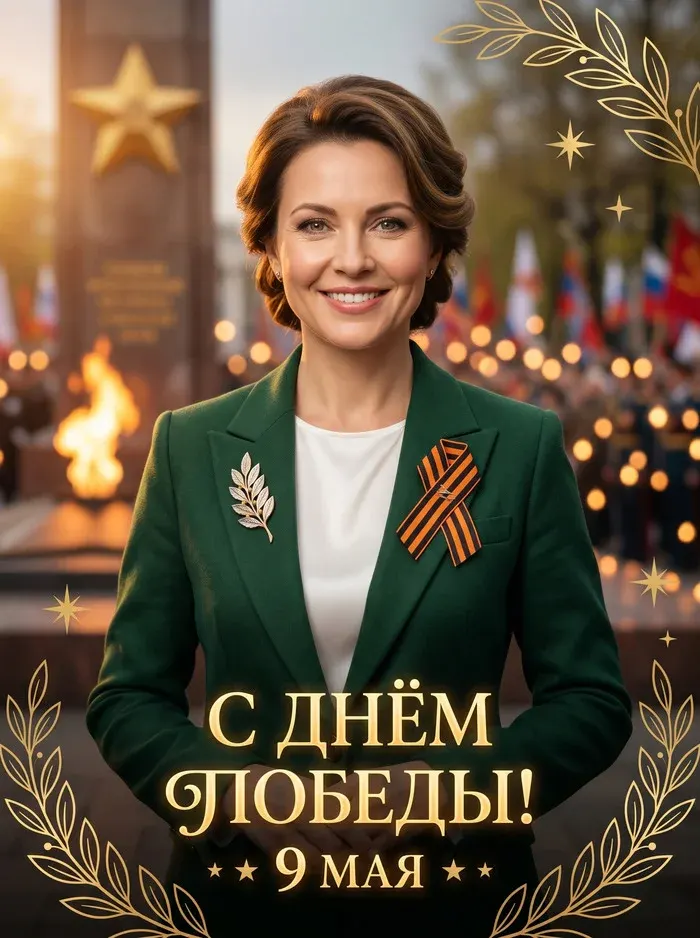 Промт: С вашим лицом 9 мая праздничная открытка Женщина с георгиевской лентой, фон с Вечным огнём, студийный стиль