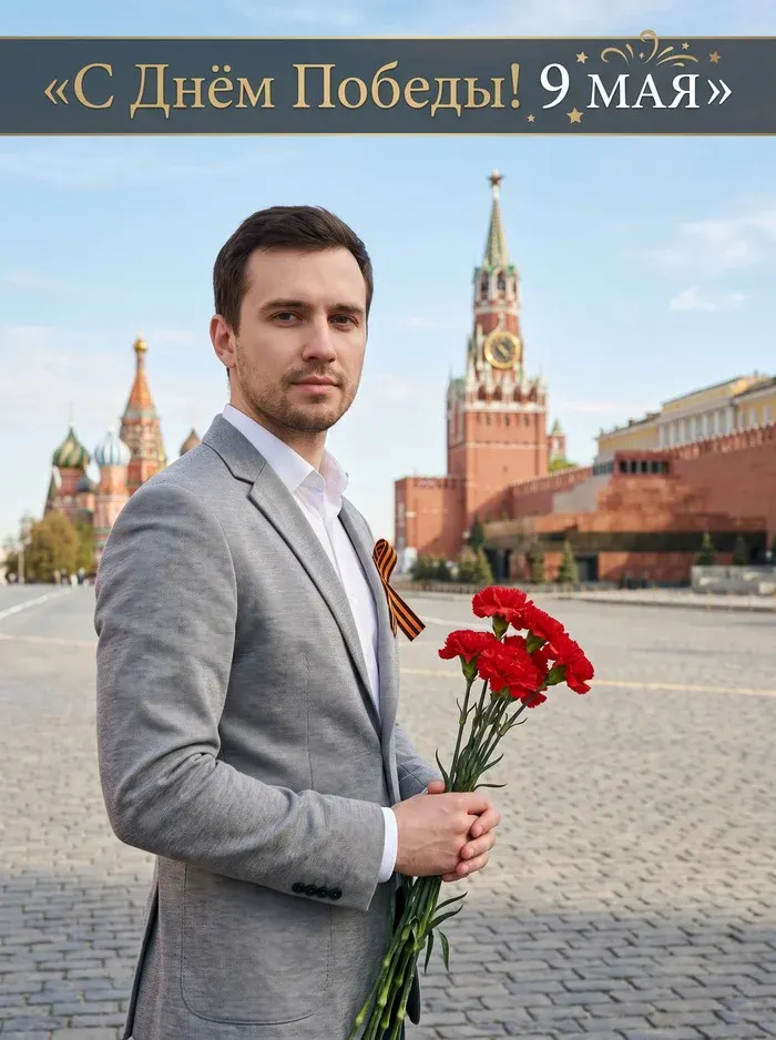 Промт: Фотосессия с вашим лицом День Победы на Красной площади с гвоздиками