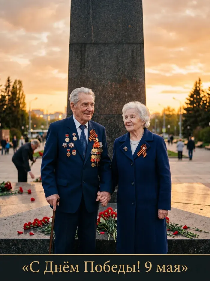 Промт: Фотосессия с вашим лицом 9 мая пожилая пара у обелиска держатся за руки