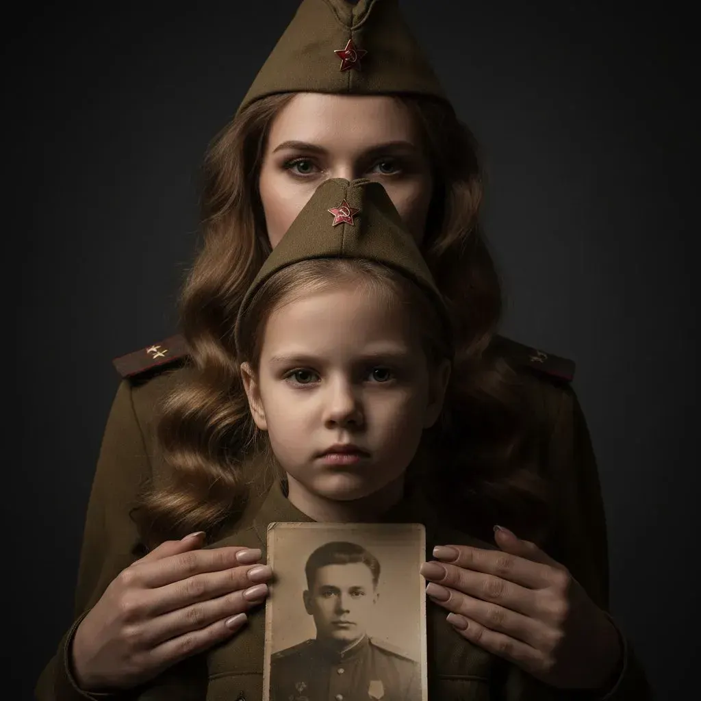 Промт: Фотосессия с вашим лицом 9 мая мама в военной форме с дочерью и фото деда
