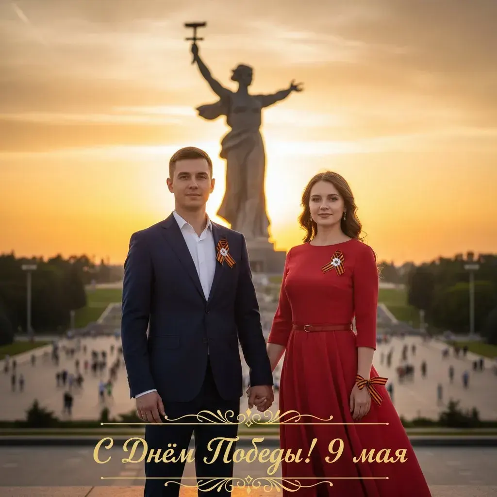 Промт: Фотосессия с вашимИ лицами 9 мая пара у монумента Родина-мать на закате