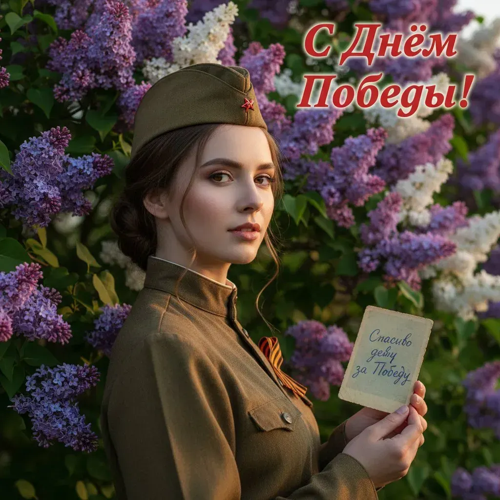 Промт: Фотосессия с вашим лицом 9 мая девушка в военной форме с сиренью и фото деда