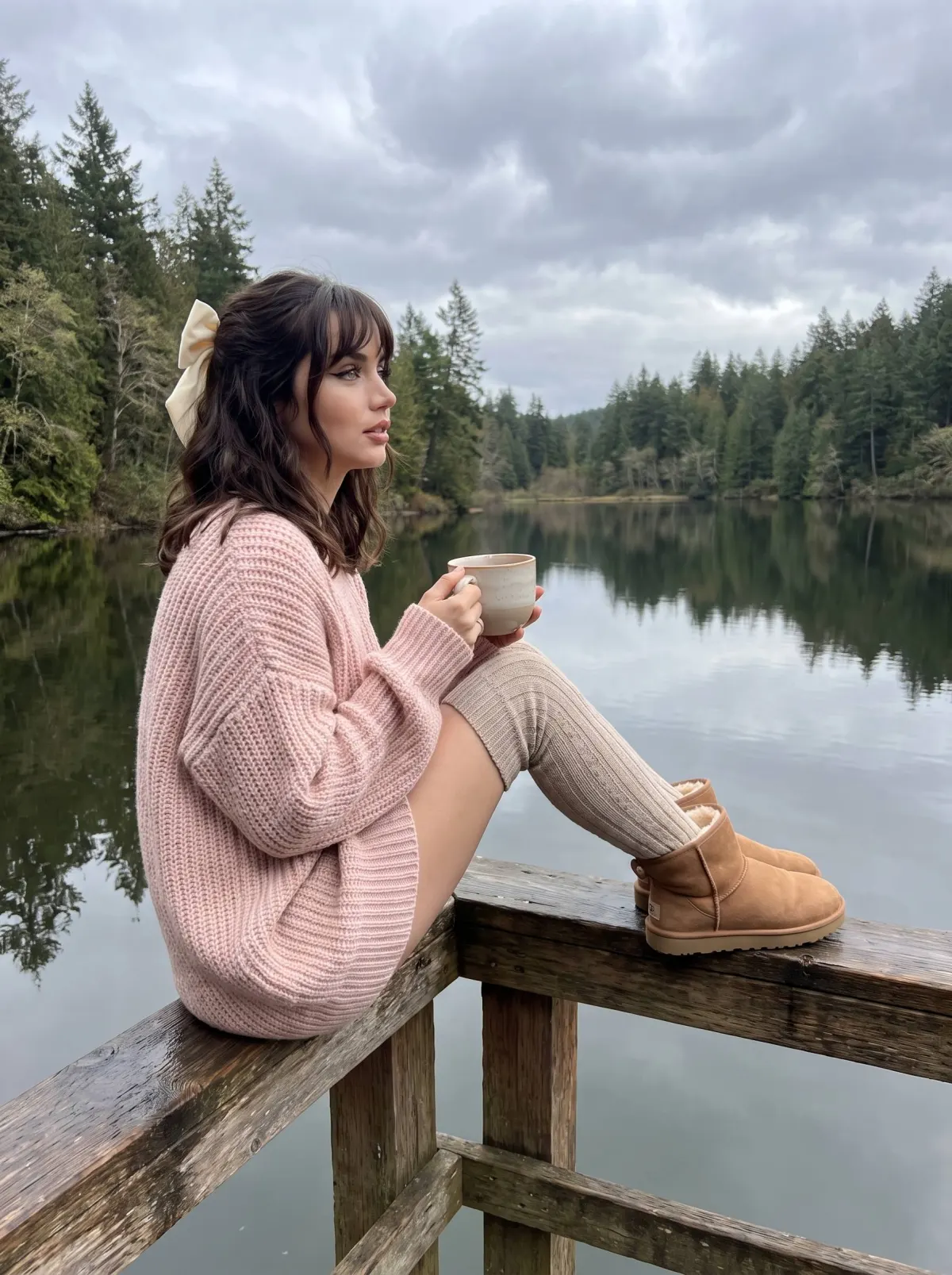 Промт: уютная фотосессия с вами у озера в розовом свитере и UGG