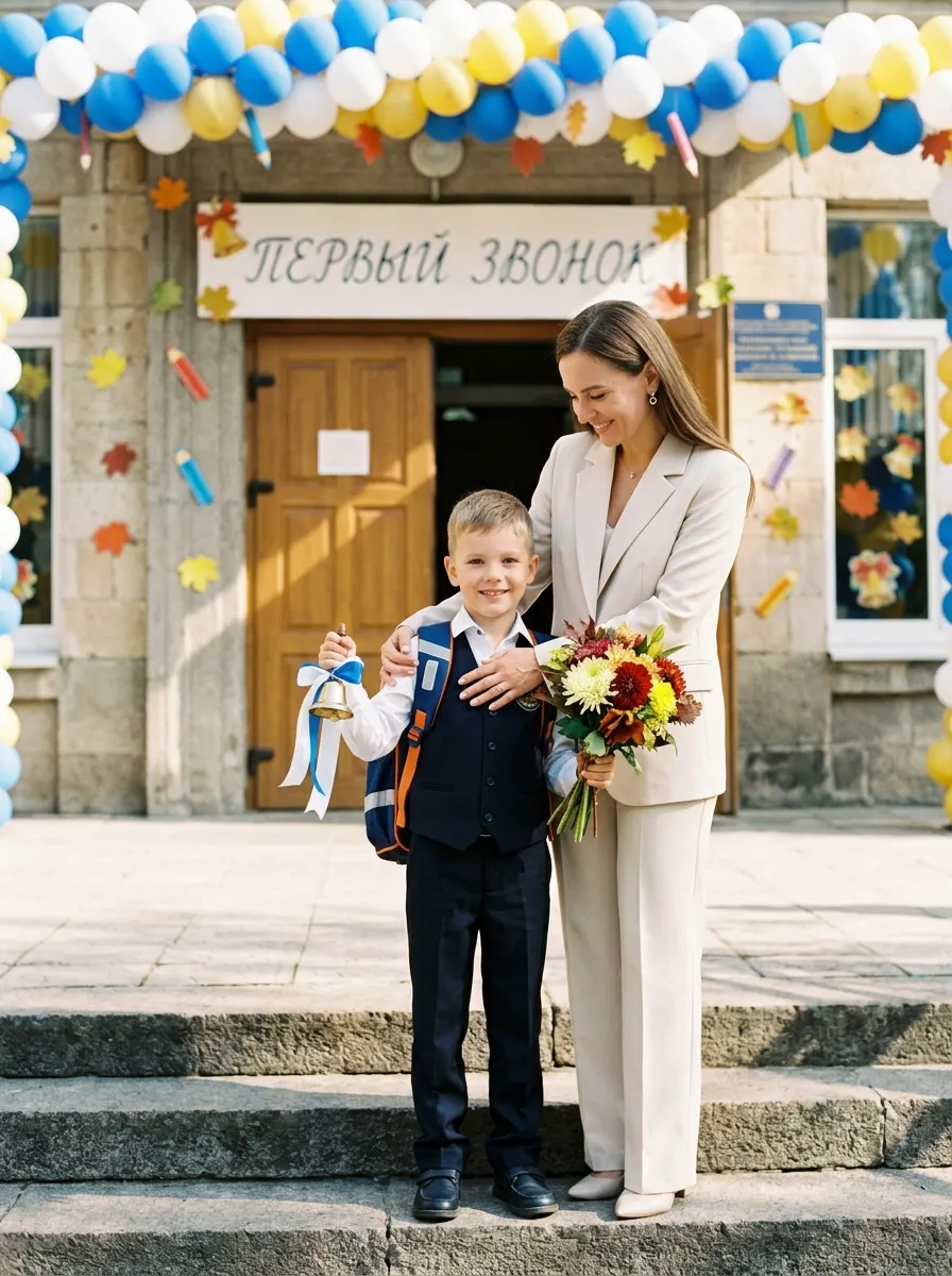 Промт: Фотосессия с вами и ребёнком— мама и сын у школы с колокольчиком и надписью «Первый звонок»