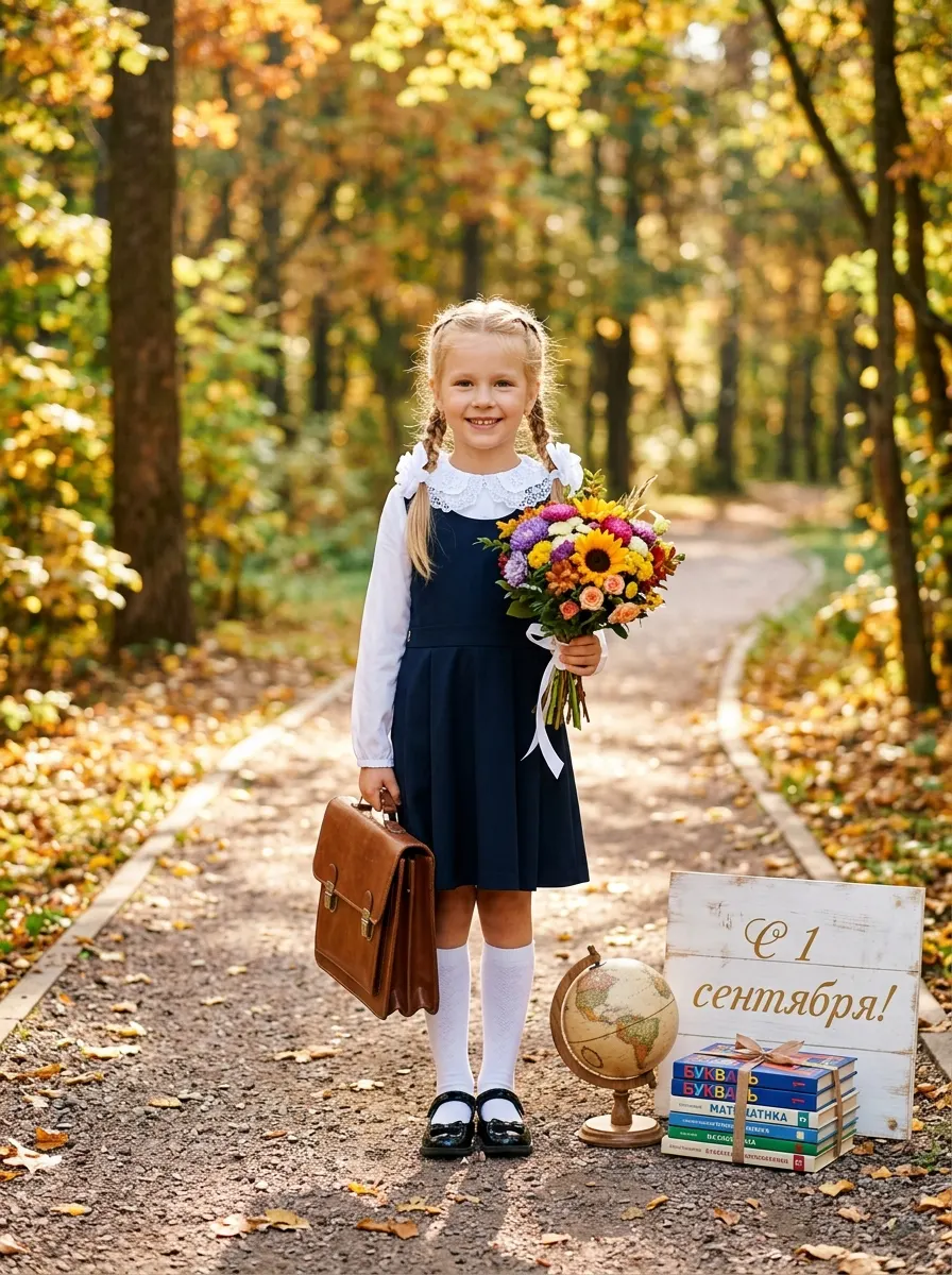 Промт: Фотосессия с вашим ребёнком — девочка-школьница в осеннем парке с букетом, глобусом и табличкой «С 1 сентября»