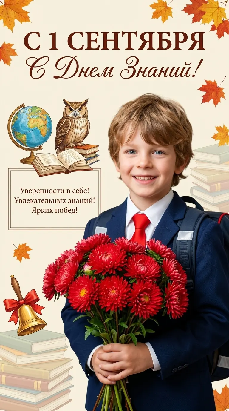 Промт: фотосессия с вашим ребёнком 1 сентября — праздничная открытка «С Днём знаний!» с букетом астр, глобусом, книгами и колокольчиком