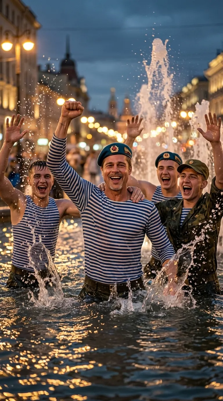 Промт ко Дню ВДВ: друзья в фонтане вечером