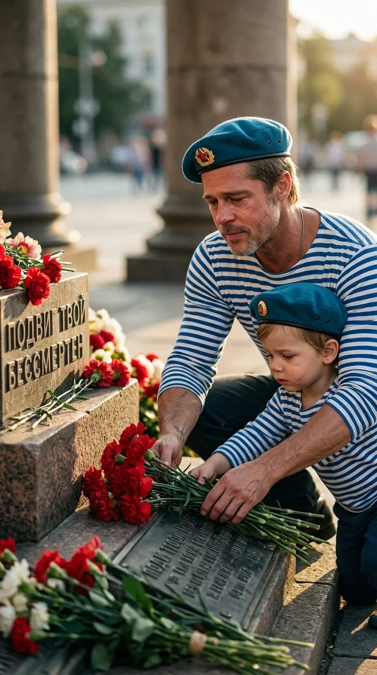 Промт ко Дню ВДВ: отец и ребёнок у мемориала с гвоздиками