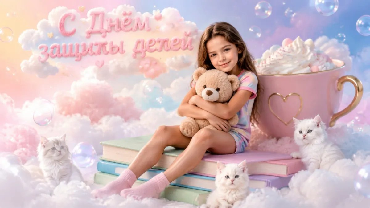 Промт с девочкой на книгах с мишкой и котятами ко Дню защиты детей горизонтальное фото