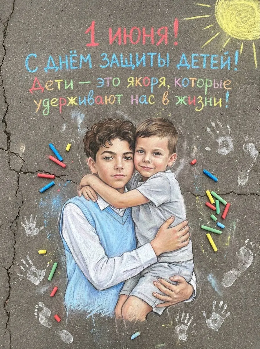 Промт рисунок мелом на асфальте к 1 июня с двумя обнимающимися детьми сверху