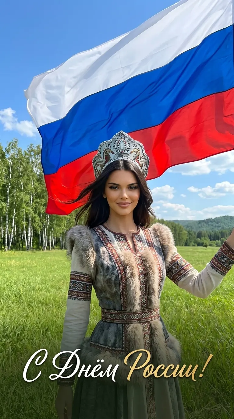 Промт для генерации портрета девушки в этно-платье волка с огромным российским флагом на фоне зеленого поля