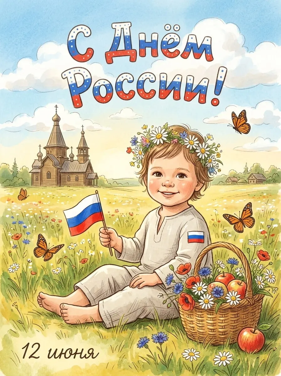 Промт для детской открытки ко Дню России с ребёнком на травяной поляне в стиле тёплой книжной иллюстрации