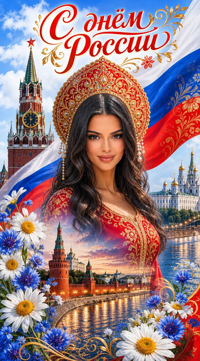 Промт для открытки ко Дню России с девушкой в кокошнике и двойной экспозицией