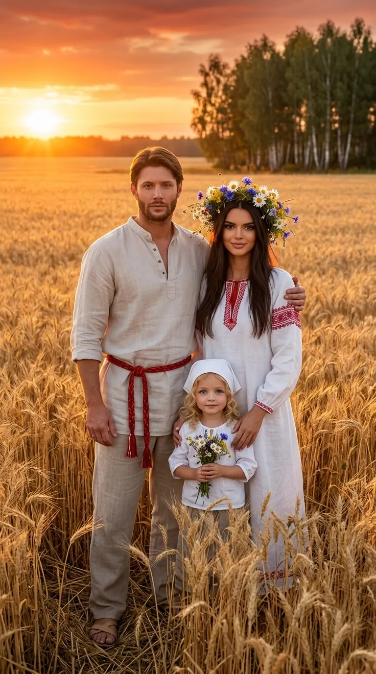 Промт для фото семьи в пшеничном поле на закате в День России