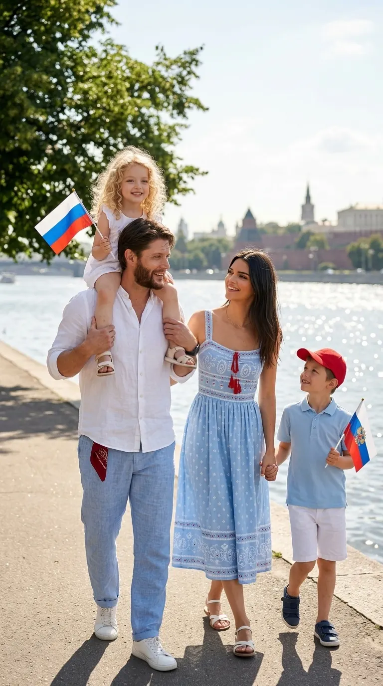 Промт для фото молодой семьи с флагами России на набережной в День России
