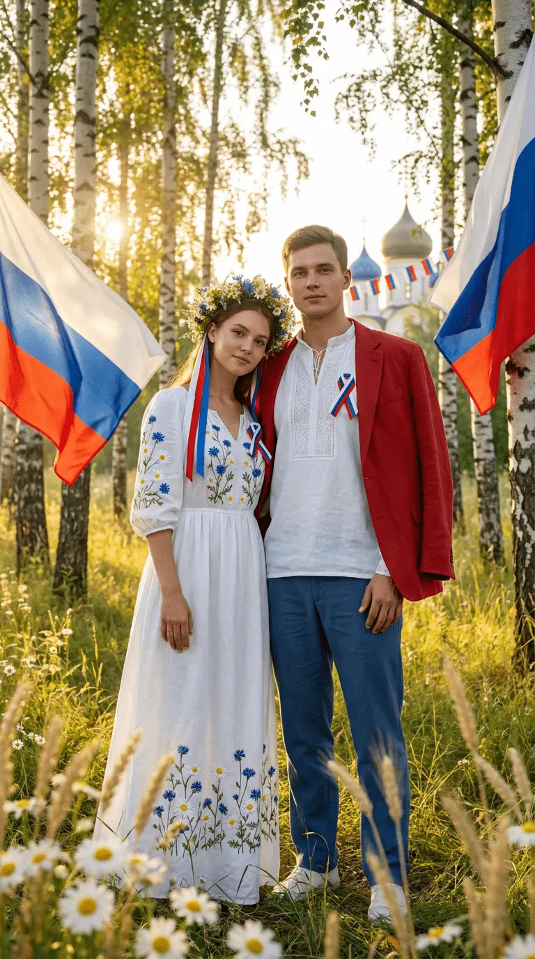 Промт «День России — полный рост парня и девушки в народном стиле с венком и флагами в берёзовой роще»