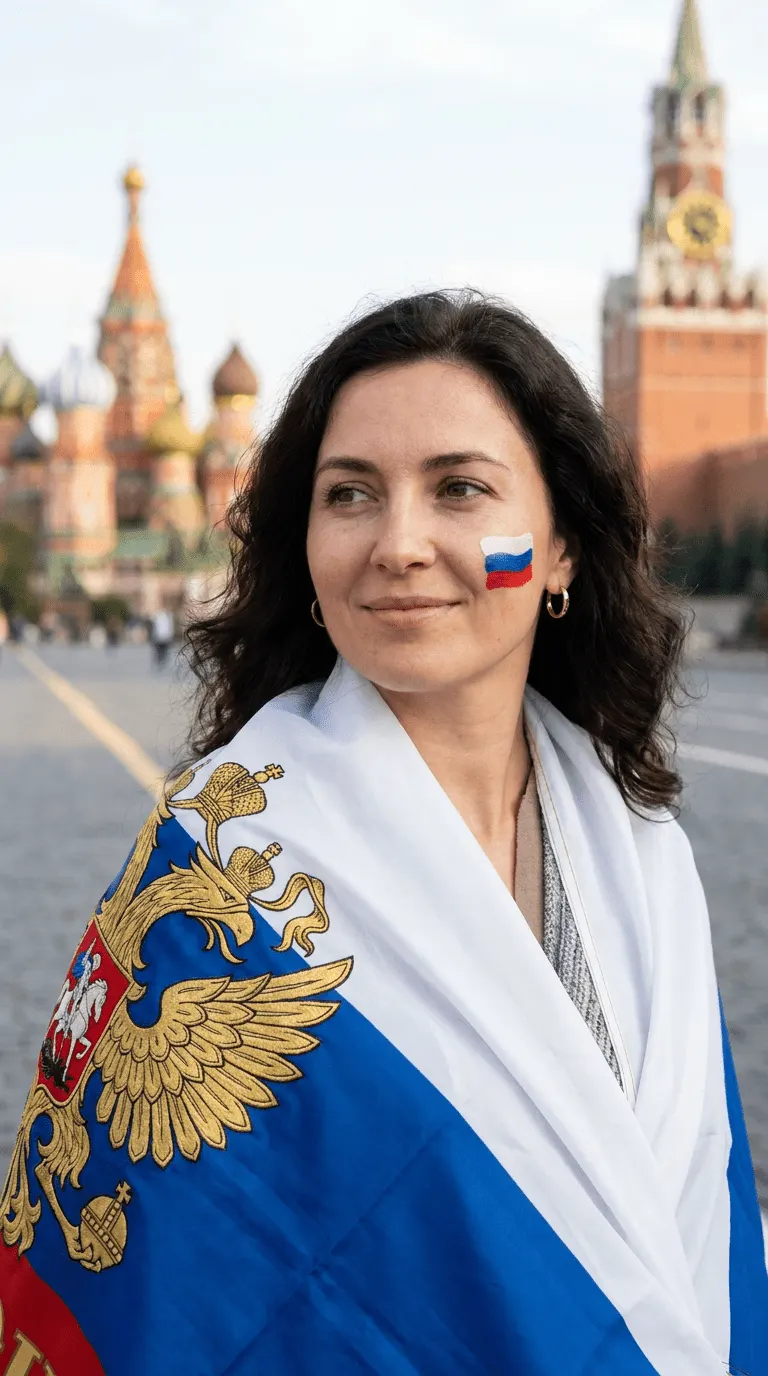 Промт «День России — портрет по пояс с акваримом-флагом и флагом на плечах на Красной площади»