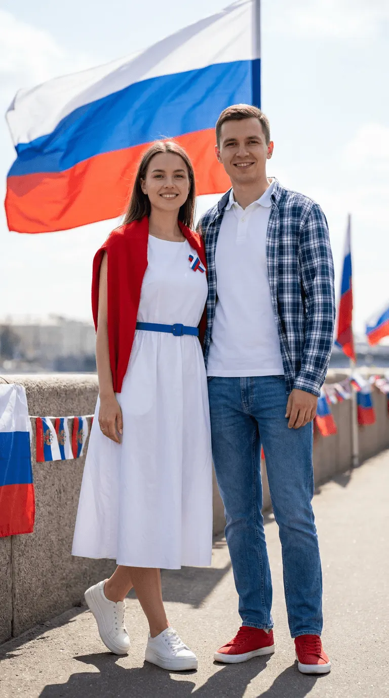 Промт «День России — полный рост парня и девушки в патриотичной современной одежде с флагом на фоне»