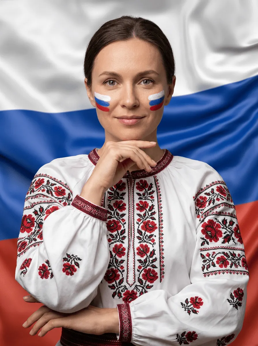 Промт «День России — крупный патриотический портрет с лицомpaint триколора в белой вышиванке»