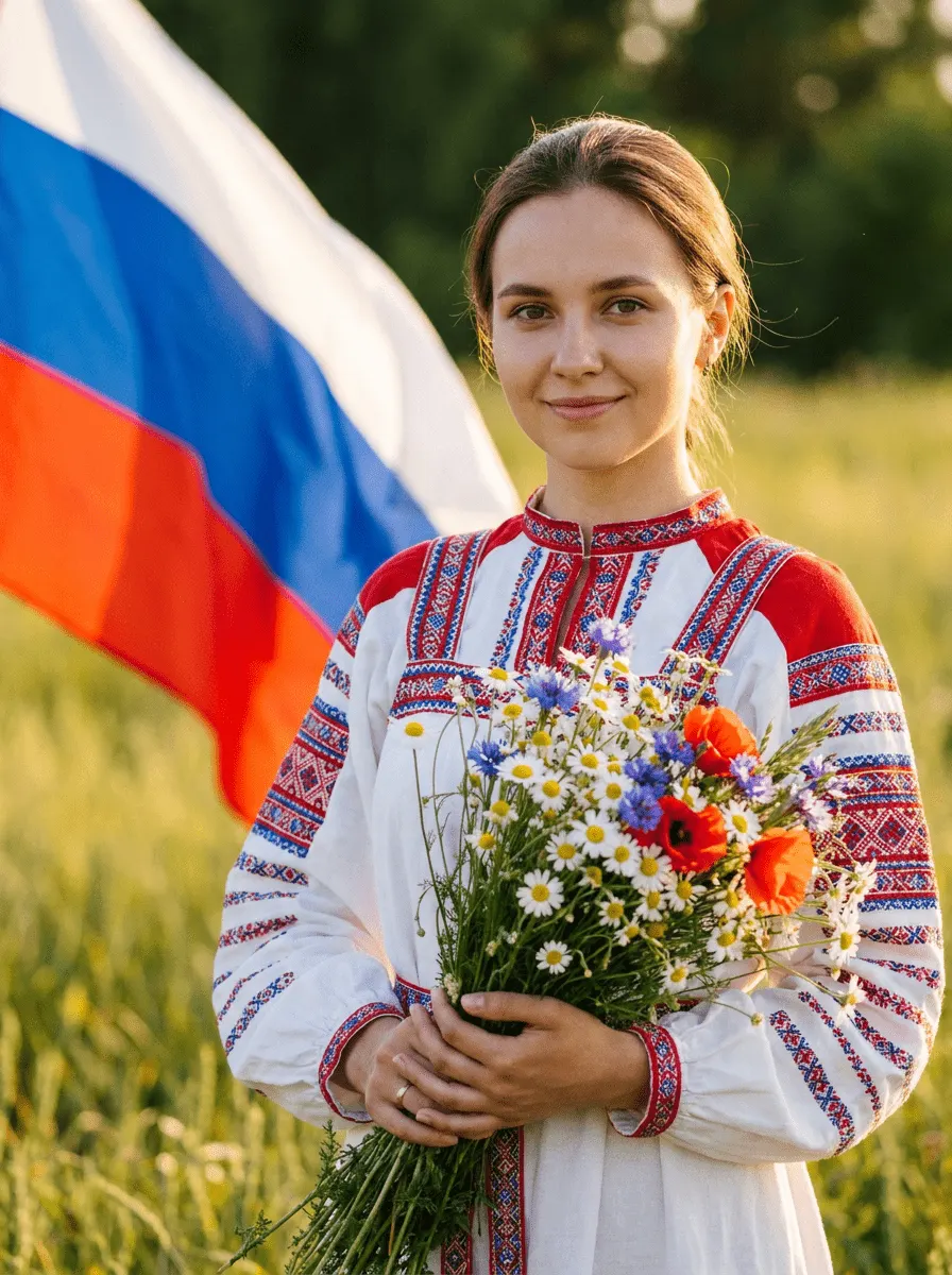 Промт фотосессия с вашим лицом на летнем поле с флагом России и букетом полевых цветов в русском народном образе через ИИ