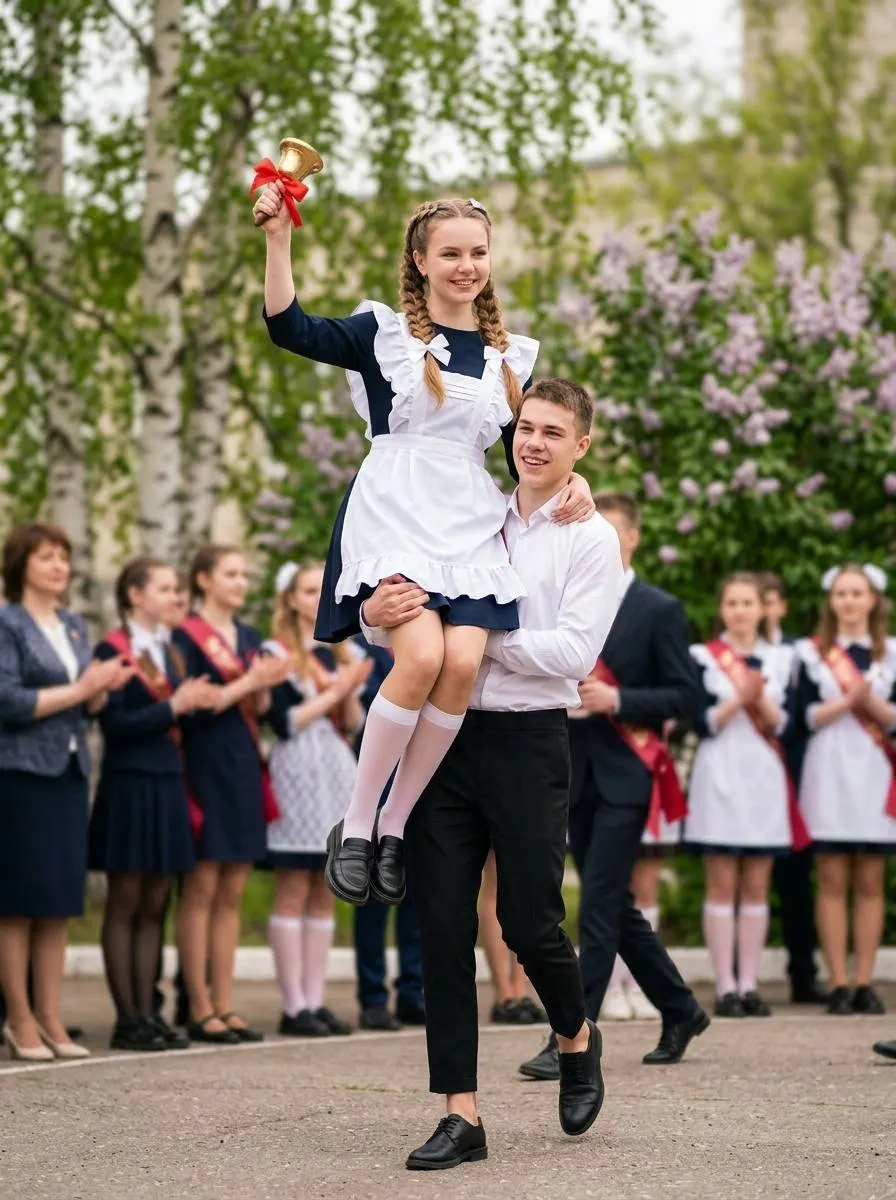 Промт: Вы выпускница 2026 на плече у выпускника с колокольчиком — ИИ фотосессия