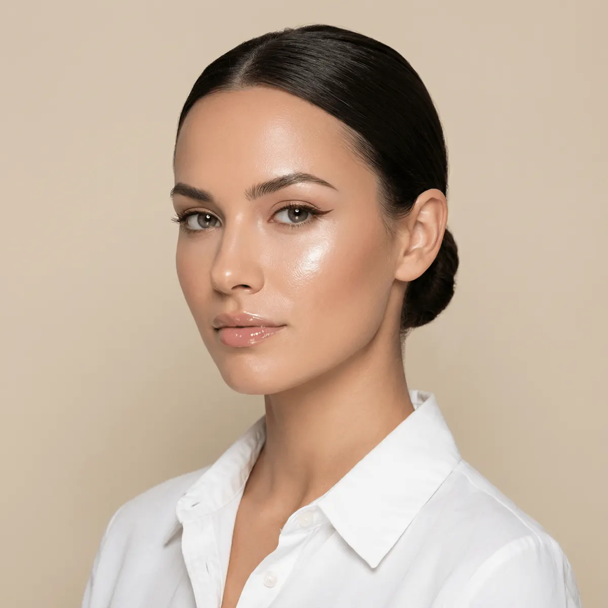 Аватарка в стиле clean girl: фотореалистичный портрет девушки с идеальной кожей и sleek low bun на нейтральном фоне ​