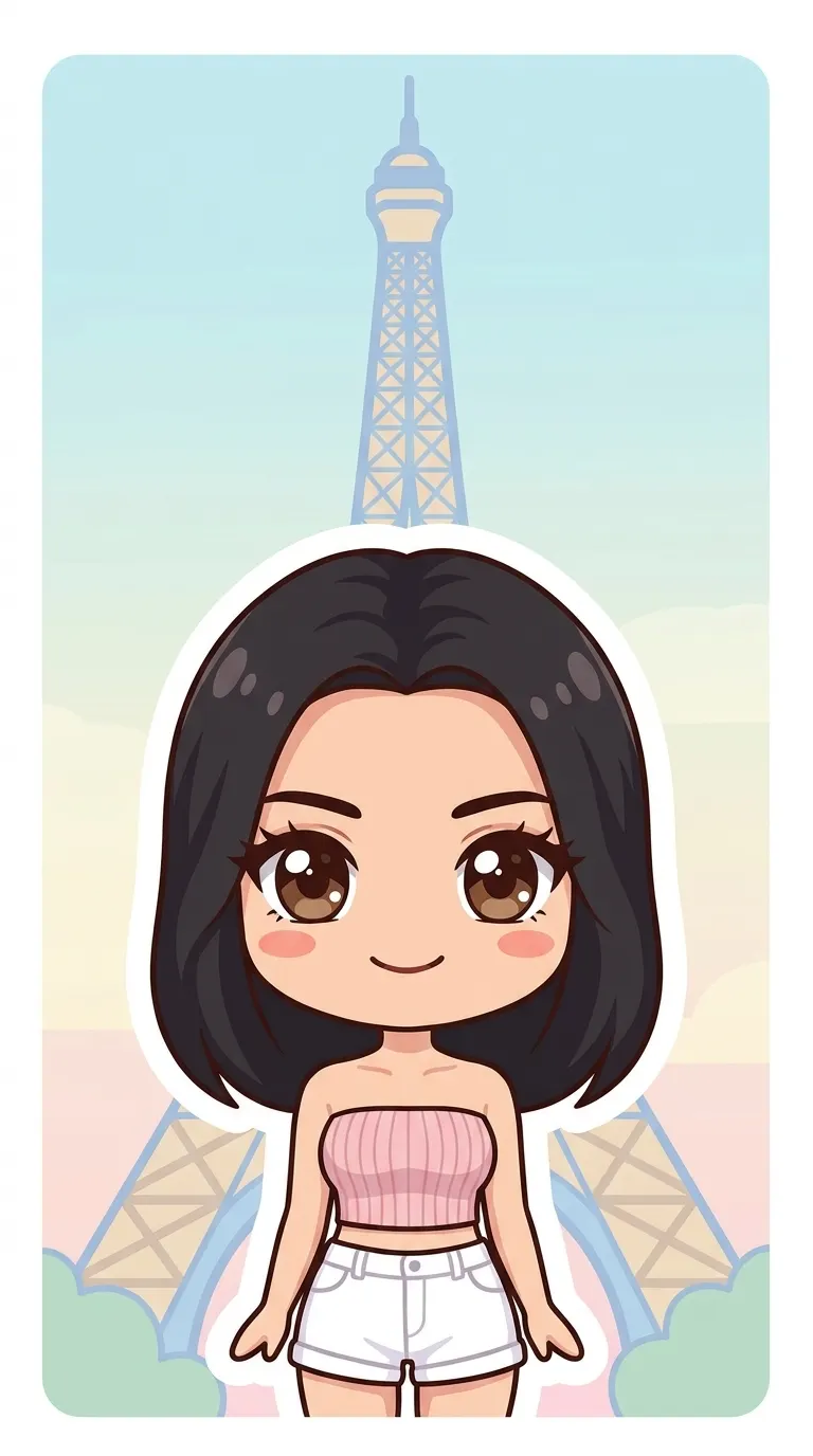 cute kawaii chibi style portrait, oversized head and tiny body, big sparkling eyes, soft pastel colors, simple cute features, friendly smile, sticker-ready composition