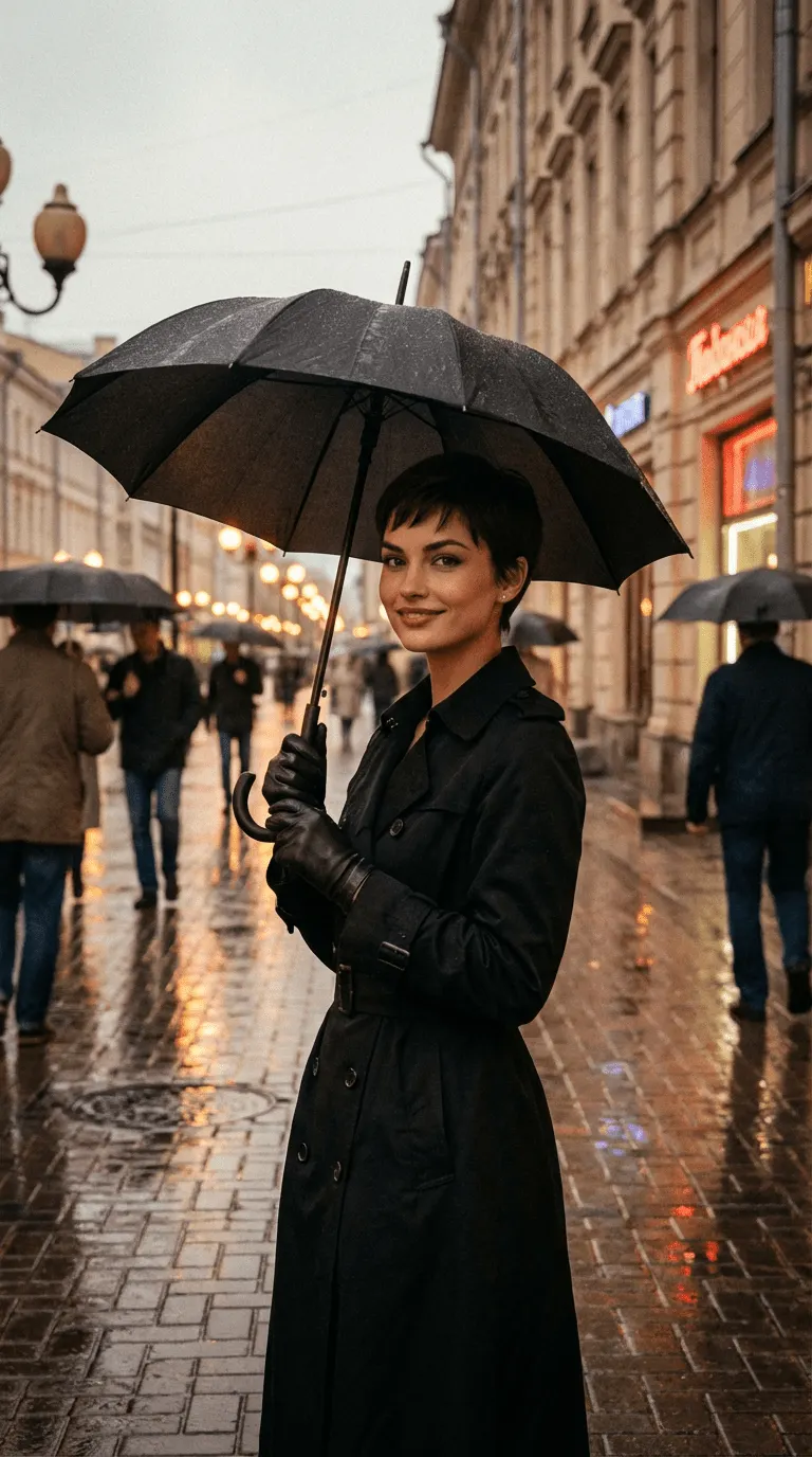 Промт осенняя романтичная фотосессия в стиле Одри Хепбёрн под зонтом на старом Арбате в дождливый вечер через ИИ