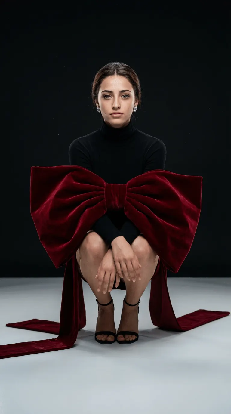 Кинематографичная high fashion ИИ фотосессия в чёрной студии с бархатным красным бантом на бёдрах крупным планом 9:16 промт