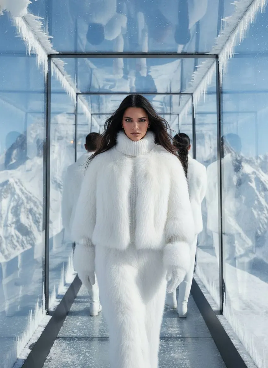 Футуристическая зимняя haute couture ИИ фотосессия в стеклянном тоннеле в горах промт