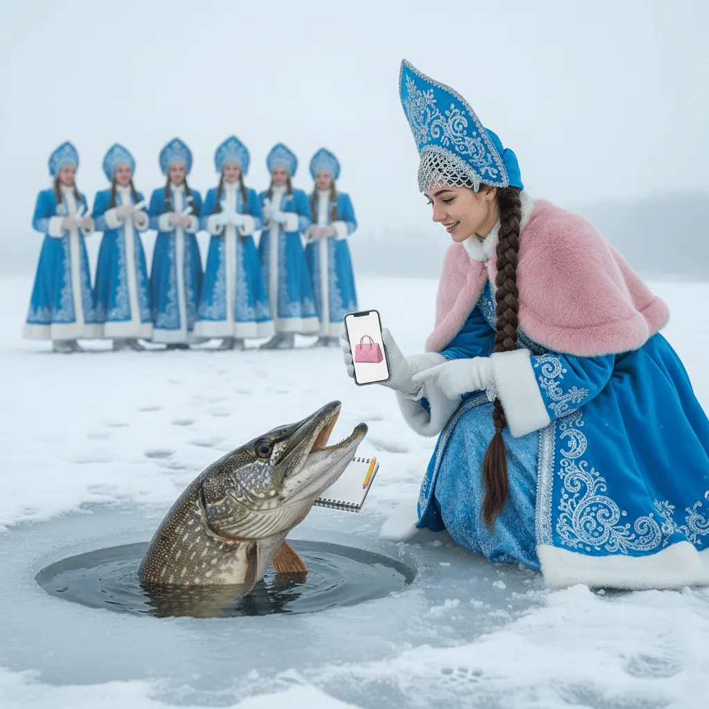 Зимняя фотосессия Снегурочки со щукой и очередью желаний — промт для нейросети ИИ​