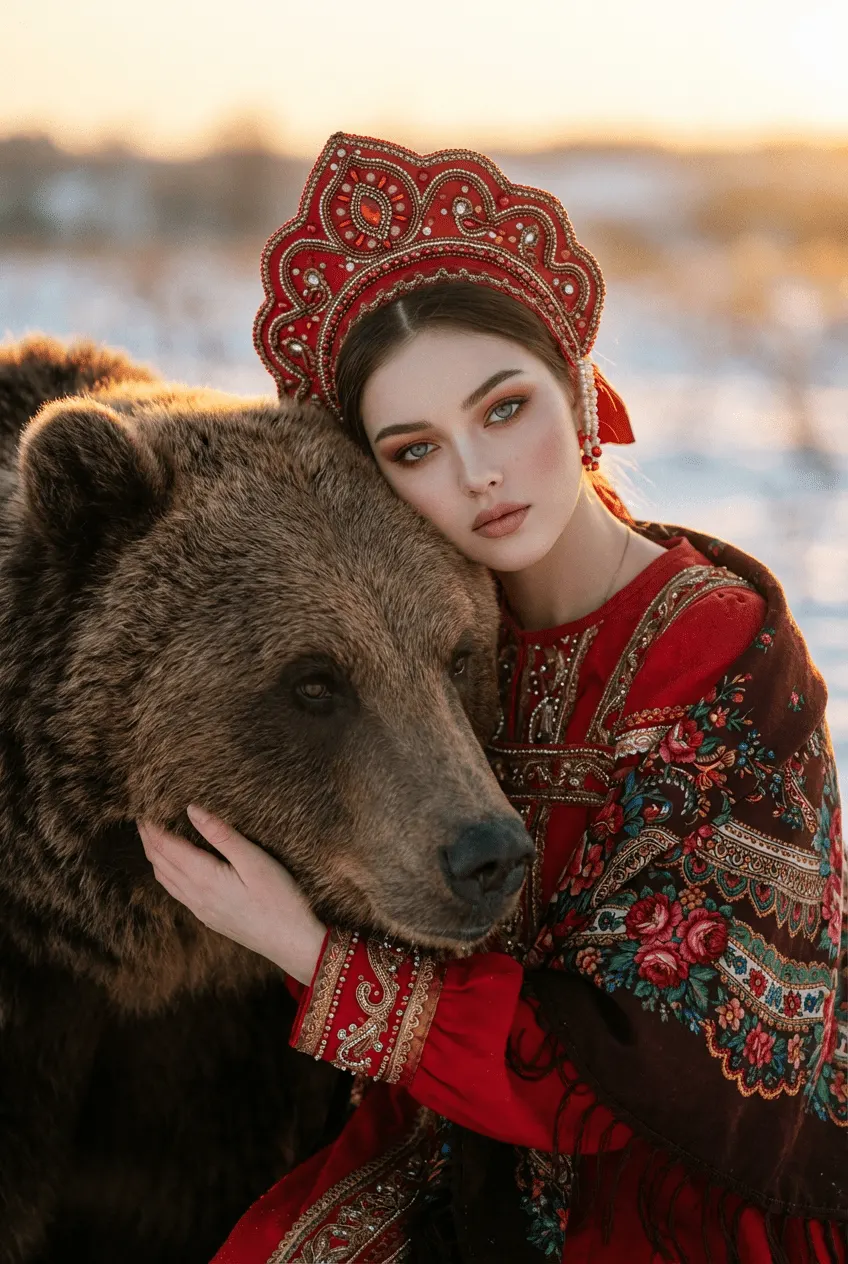 Зимний кинематографичный портрет с медведем и павлопосадским платком в золотой час — промт для нейросети ИИ​