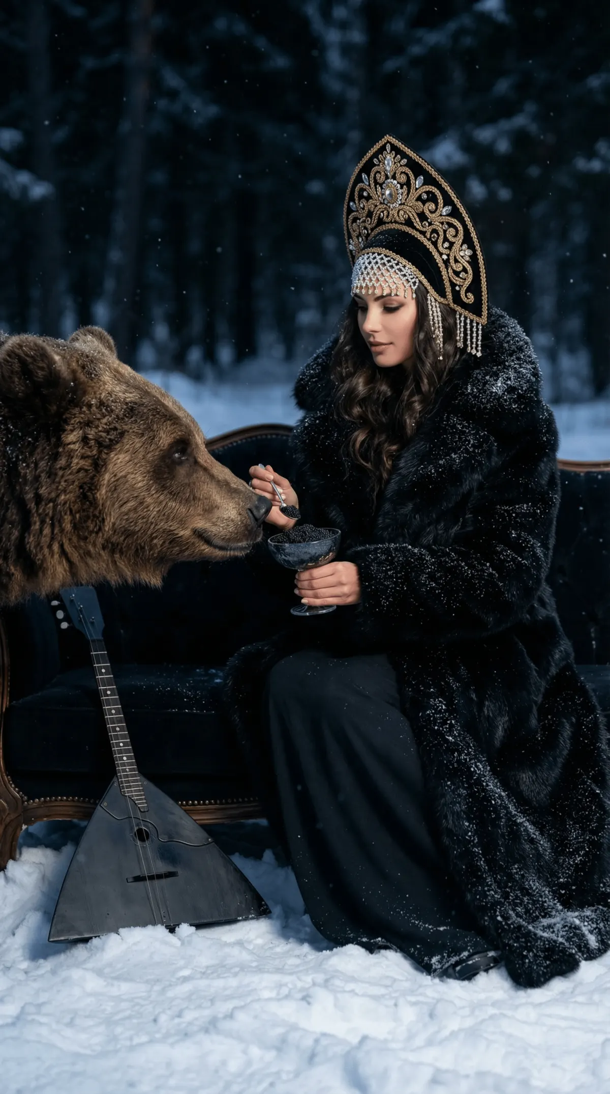 Роскошная зимняя фотосессия с медведем, чёрной икрой и балалайкой в стиле русская сказка luxury — промт для нейросети ИИ​