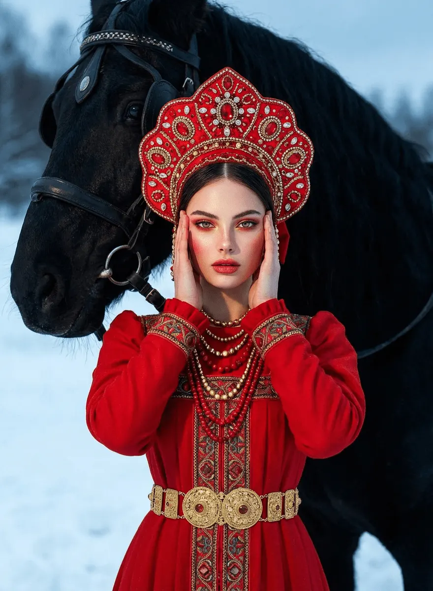 Величественная зимняя фотосессия с черным конём и красным кокошником — промт для нейросети ИИ​